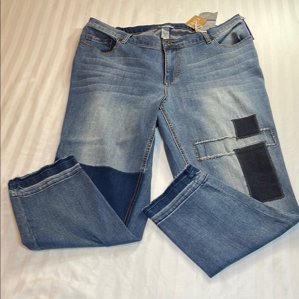 Catherines Blue Straight Leg Jeans with Distressing and Patchwork - Picture 3 of 10